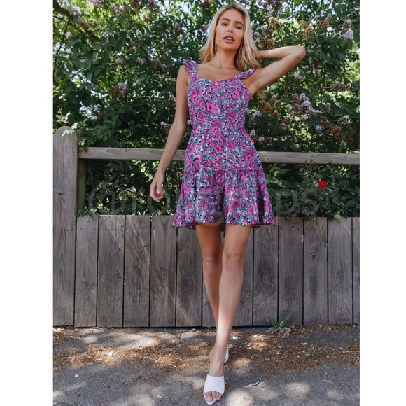 Floral Print Mini Dress Ruffle Detail Tie Back Fuchsia Green White - Picture 5 of 16